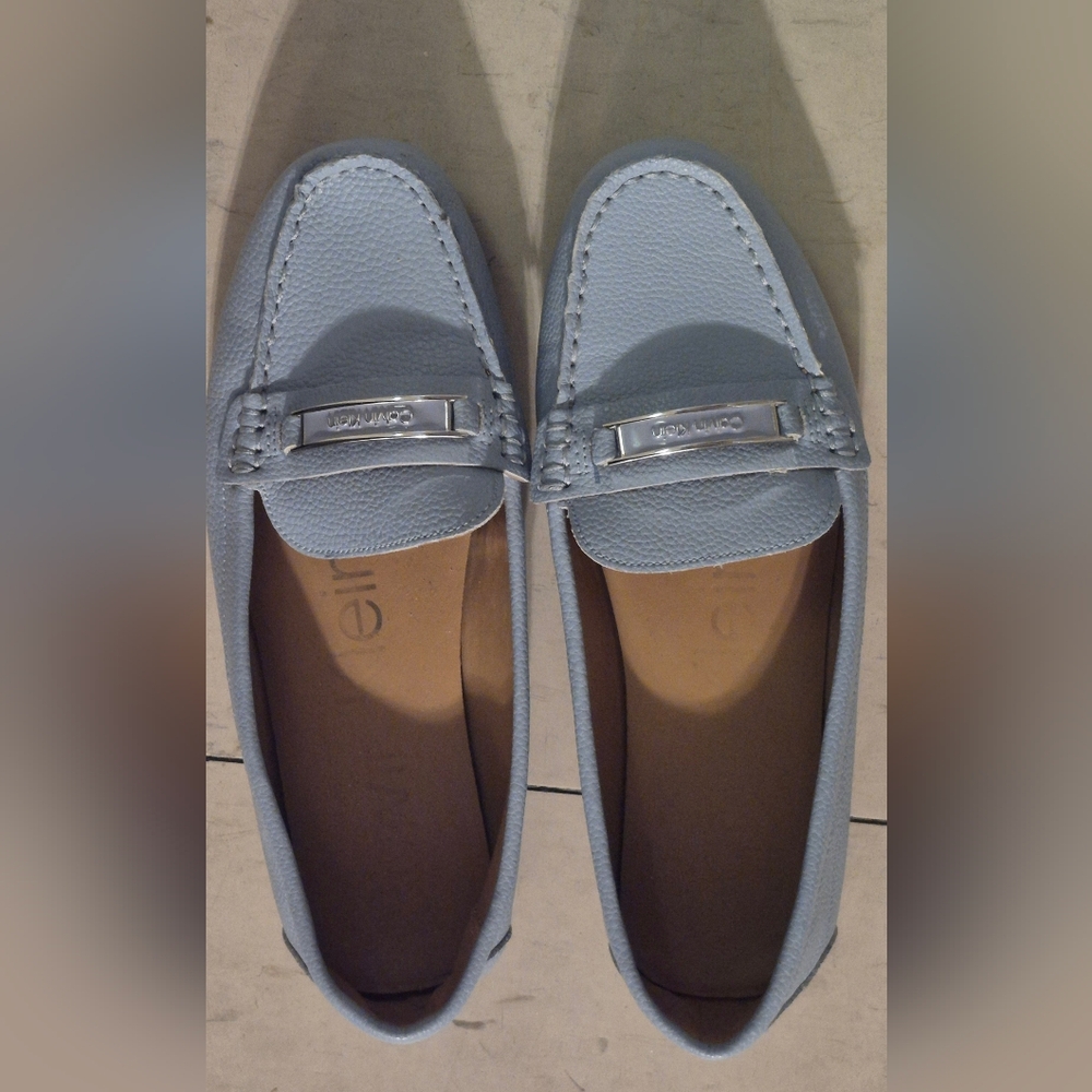 Calvin Klein Light Blue Leather Loafers with Silver Accent